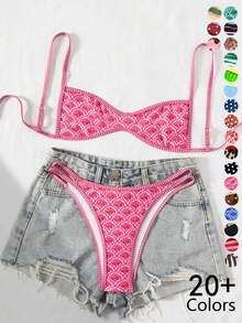 TIN Conjunto de bikini para mujer de dos piezas con estampado floral, traje de baño casual y elegante para vacaciones en la playa, ropa de verano para mujeres - Negro - Ver 3