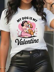 Women's Pure Cotton Short Sleeve T-Shirt Cute Dog Lover Graphic Print Valentine's Day Casual Top - White - View 1