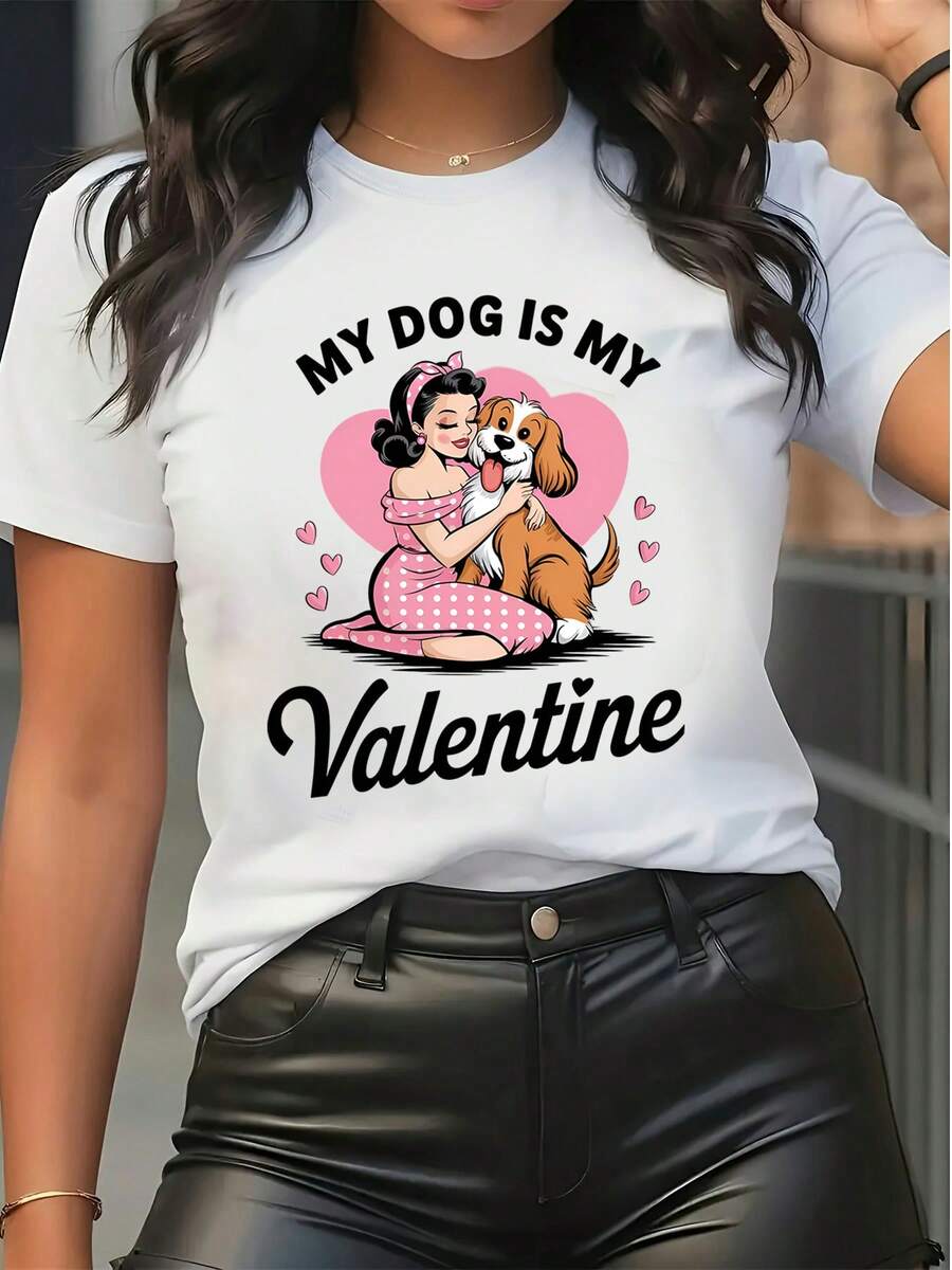 Women's Pure Cotton Short Sleeve T-Shirt Cute Dog Lover Graphic Print Valentine's Day Casual Top - White - View 1