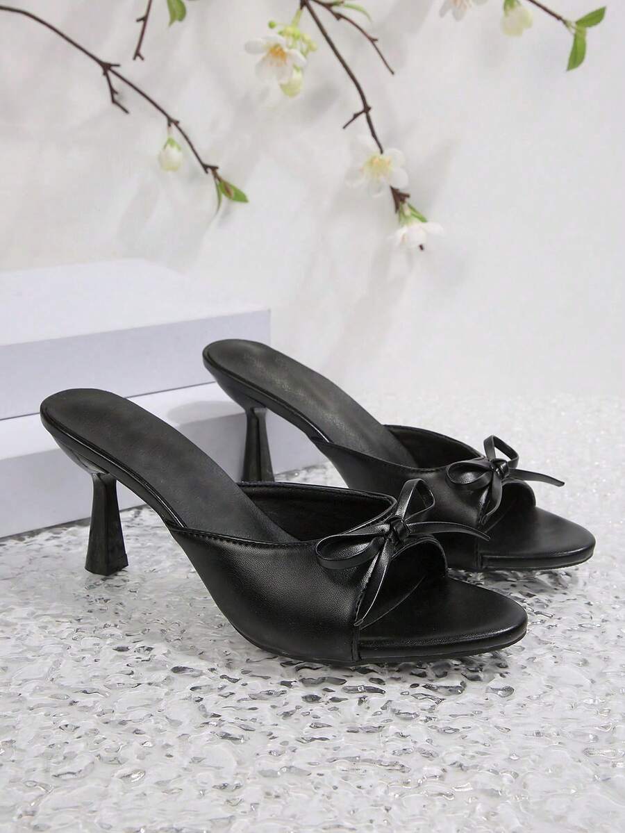 Fashion Bow Party Fairy PU Leather French Style High Heel Sandals Summer Slip-On Open Toe Stiletto Pink Slides - Black - View 1