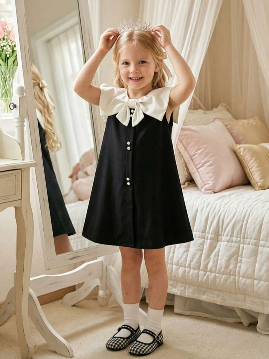 Contrast Color Collar Sleeveless Dress For Girls, Sweet & Cute Style, Suitable For Summer Wear - Black - View 1