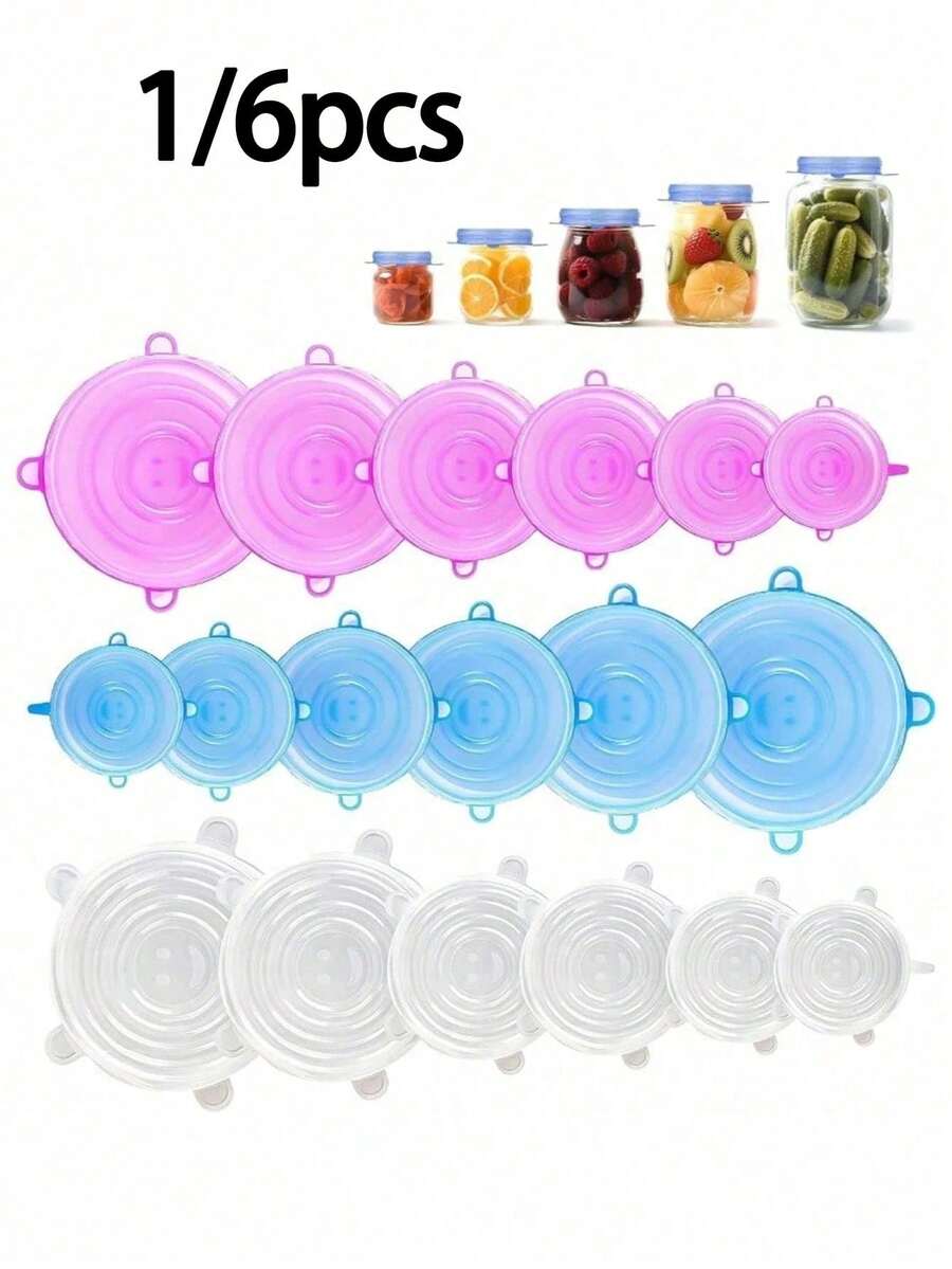 1/6pcs Silicone Stretch Lids, Food Bowl Covers, Reusable Food Saver Lids, Expandable Multi-Function Fruit & Vegetable Fresher Covers, Sealing Lids, Food Storage Containers, Reusable, Kitchen Accessories, Kitchen Storage Essentials, Tableware, Silicone Bowl Covers, Microwave Covers, Sealing Lids, Silicone Sealing Lids, Household Items - Multicolor - View 1