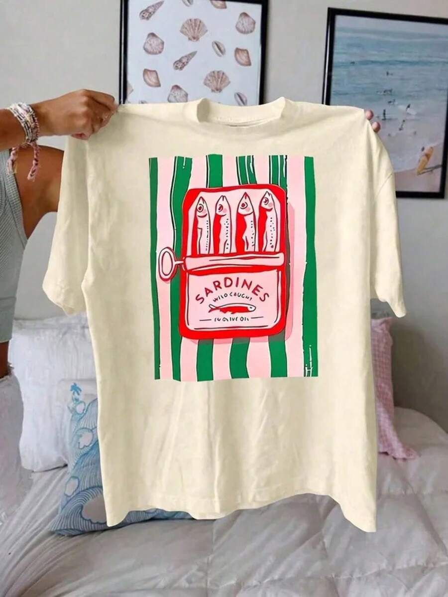 Women's Summer T-Shirt, Cotton T-Shirt With Sardine Print, Round Neck, Breathable Material, Casual Short Sleeve Top For Women - 白色 - 查看 1
