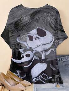 Disney, Jack Skellington And Zero Print, Round Neck Short Sleeve T-Shirt, For Casual Wear - 彩色 - 查看 4