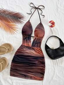 Women's Solid Color Textured Halter Neck Fitted Mini Dress For Holiday - Brown - View 3