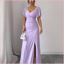 Vestido de mujer con cuello en V de punto estampado, mangas con volantes, cintura ceñida, pliegues y bajo con abertura. Elegante y favorecedor - Negro - Ver 5