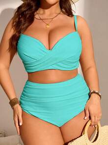 Swim Lushoire Conjunto de bikini tankini de talla de unicolor con recogido para la playa de verano - Burdeos - Ver 1