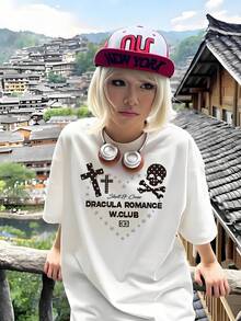 Women's Summer Fashion Short-Sleeved T-Shirt, Versatile Loose-Fitting Round Neck Top - White - View 1