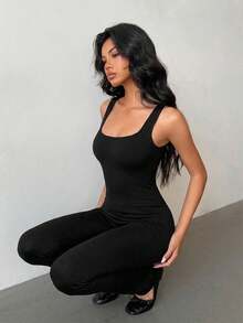Women's Ribbed Square Neck Backless Ruched Butt-Lifting Flare Leg Jumpsuit - Stretchy Slim Fit Summer Outing Set Black - Black - View 2