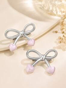 2 piezas Clips de cabello para niñas con lazo plateado y corazón rosa, lindos para flequillo lateral, adecuados para peinado diario - Multicolor - Ver 6
