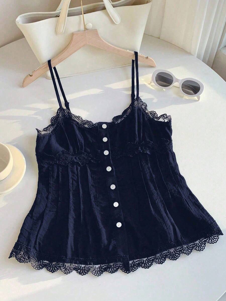 Top de verano de mujer con diseño de botones, patchwork de encaje en azul marino - Azul marino - Ver 1