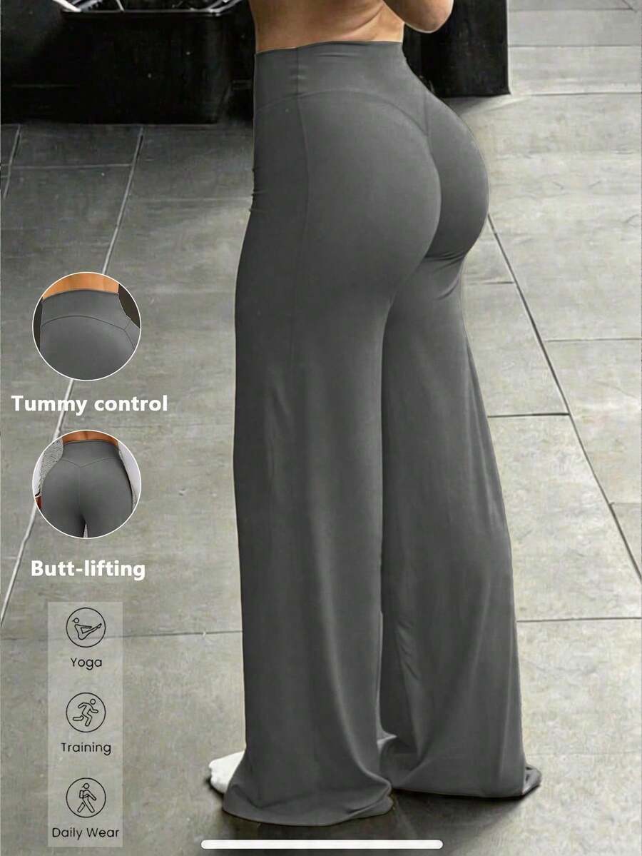 Minimalist High-Waisted Women's Athletic Leggings With Wide Legs, Perfect For Fitness And Running. Comfortable, Casual Leggings With Great Elasticity And A Flared Leg, Ideal For Yoga And Everyday Wear. - 灰色的 - 查看 1