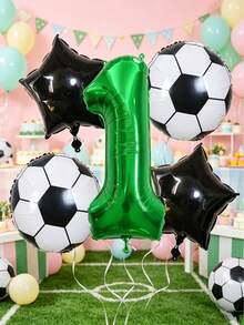 5pcs/Set Globos de Foil Verde Número 0-9 de 32 Pulgadas y Globos de Foil Redondos con Patrón de Estrella Negra/Balón de Fútbol de 18 Pulgadas, Globos de Decoración para Fiesta de Evento con Tema de Competición de Fútbol de la Copa del Mundo y Campus - Ver 1