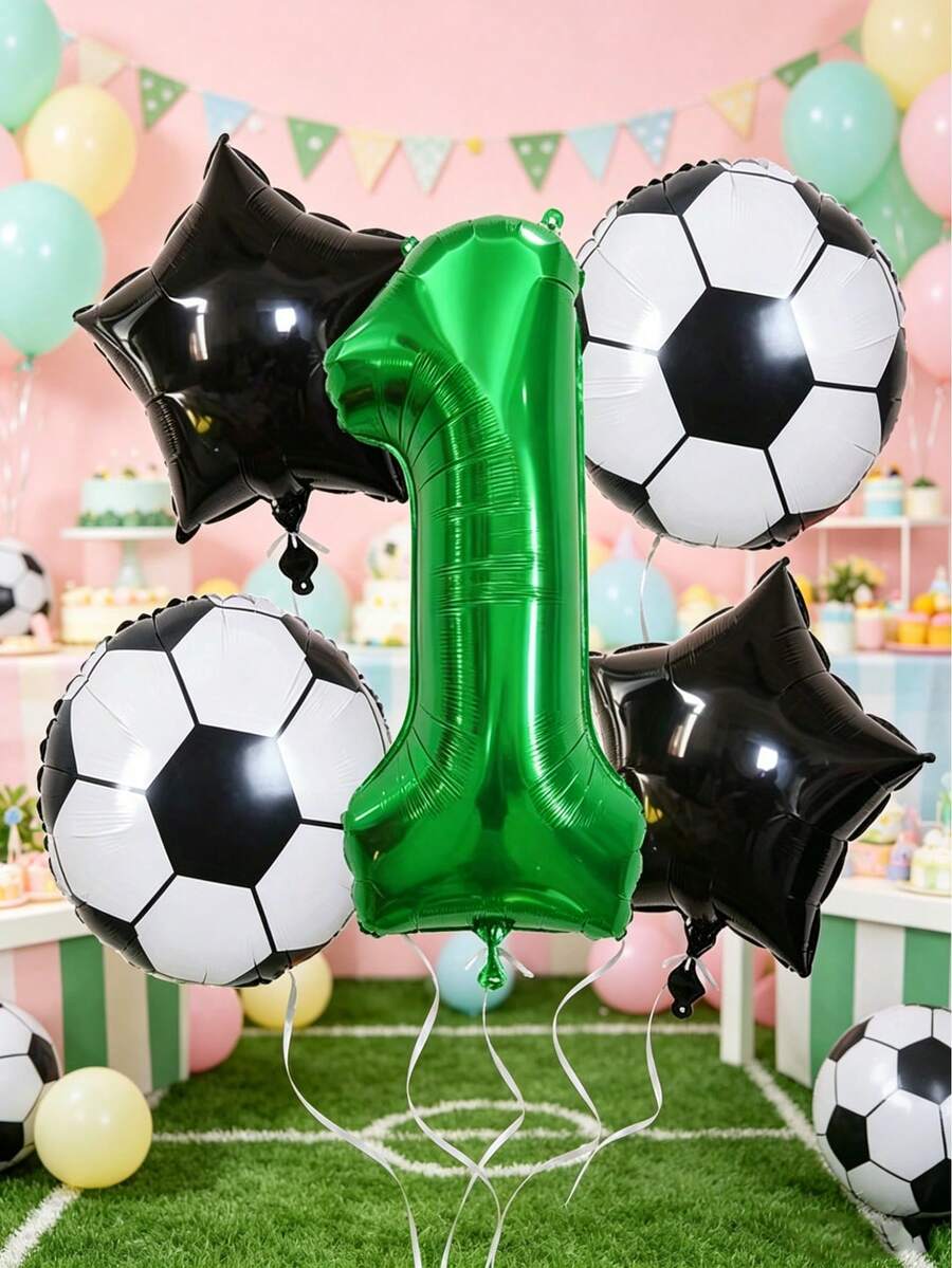 5pcs/Set Globos de Foil Verde Número 0-9 de 32 Pulgadas y Globos de Foil Redondos con Patrón de Estrella Negra/Balón de Fútbol de 18 Pulgadas, Globos de Decoración para Fiesta de Evento con Tema de Competición de Fútbol de la Copa del Mundo y Campus - Ver 1
