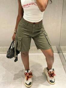 Camo Print Flap Pocket Side Cargo Shorts Casual Summer - Army Green - View 1