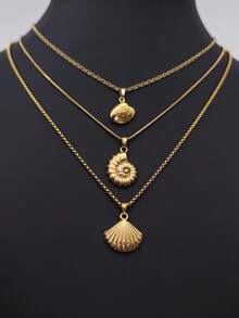 3pcs Fashion Ocean Style Stainless Steel Necklace Set, Shell/Conch Pendant, Suitable As Gift - Yellow Gold - View 5