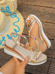 1 Pair Summer Teen Fashion Retro Rhinestone Outdoor Beach Vacation Anti-Slip Hemp Rope Wedge Platform Sandals - Gold - View 3