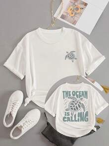 Vintage Women's  T-Shirt, Women's Printed T-Shirt "THE OCEAN IS CALLING YOU" Summer Tops - White - View 2