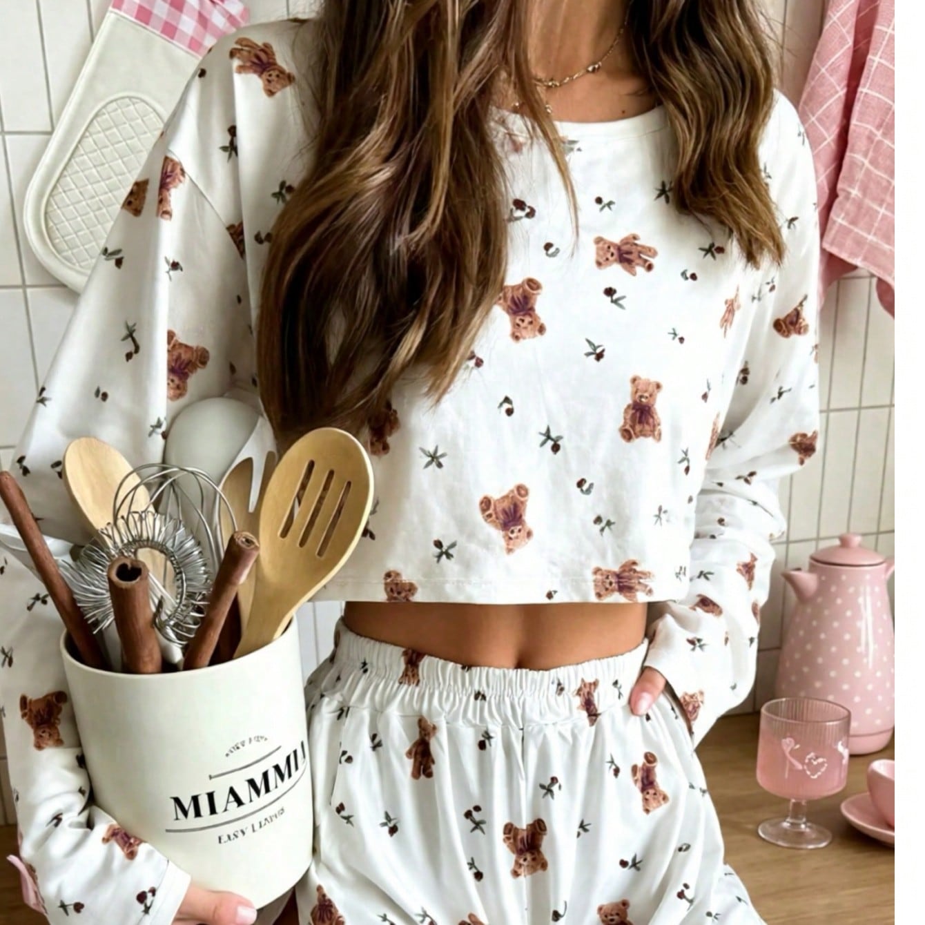 Piezas Conjunto de pijama de mujer con cuello redondo, manga larga estampada y pantalón corto con cintura elástica, cómodo