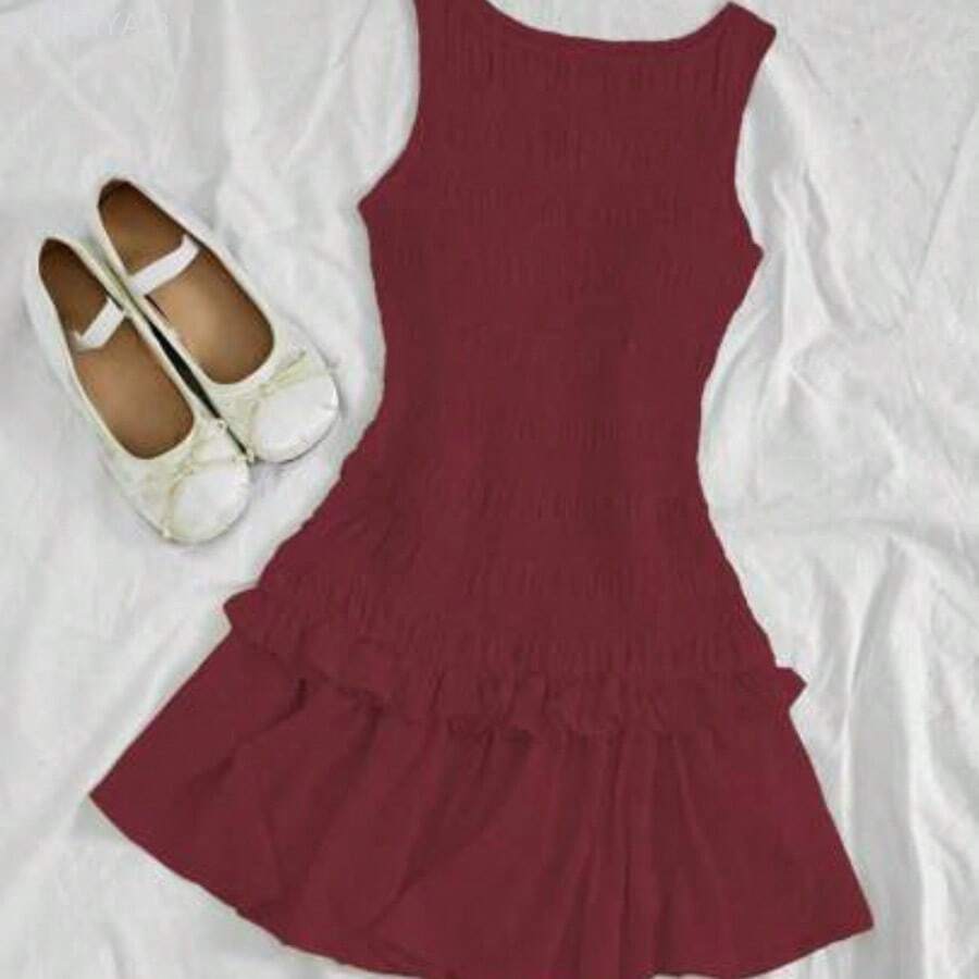Yunuo Menswear Vestido mini de mujer de punto con volantes en el bajo y sin mangas de un solo color - Burdeos - Ver 1