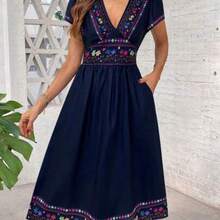Clasi Vestido midi de línea A con cuello en V y manga corta, con estampado de plantas tropicales, elegante para uso diario y vacaciones - Azul marino - Ver 1