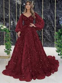 Champagne Beaded Evening Gown For Women V Neck Long Sleeve Tulle Prom Dress With Train Formal Party Ball Gown - 金色 - 查看 8