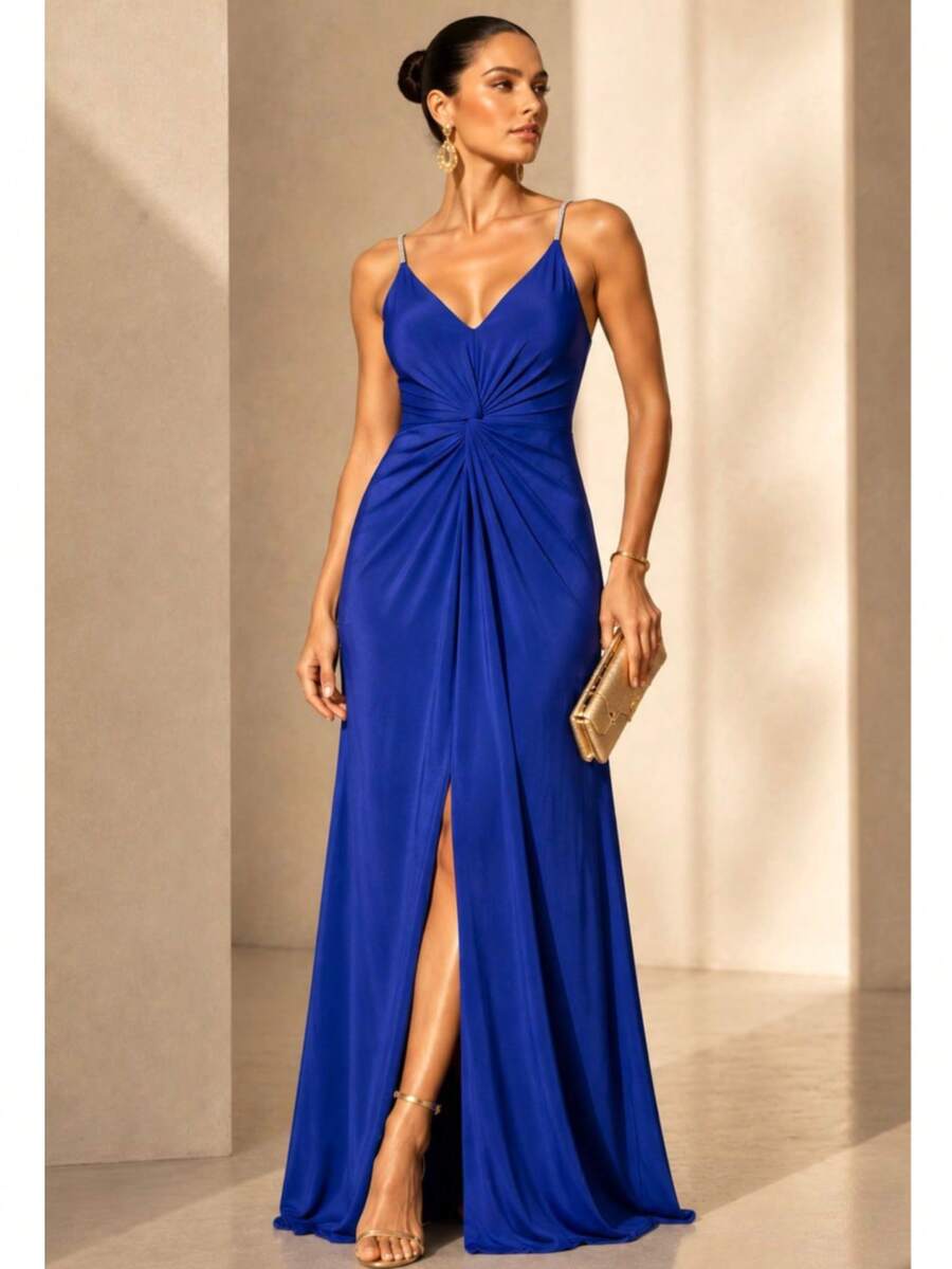 Inexpensive Bridesmaid Dress For Parties, Guests, Receptions, Graduations, Without Glitter, With Thin Rhinestone Straps. - Royal Blue - View 1