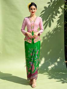 女款 Saruang Kebaya，1件裝 Nyonya Kebaya 花卉印花優雅長裙，春/夏款（不含上衣） - 綠色 - 查看 6