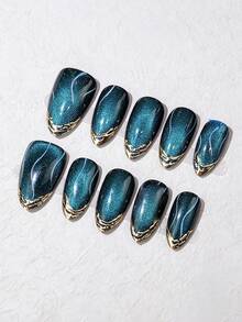 10pcs Short Cat Eye Deep Teal Press-On Nails, Luxury Gold Trim Fake Nails, Reusable Acrylic Nail Tips With Jelly Glue - 彩色 - 查看 2
