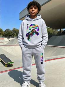 Tween Boy Cartoon Print Warm Hoodie And Sweatpants Set - Grey - View 1