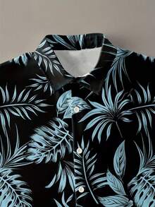 Men's Floral & Leaf Print Summer Polo Collar Contrast Color Short Sleeve Shirt And Solid Color Drawstring Waist Shorts Set, Casual 2-Piece Outfit - Navy Blue - View 4