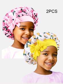 2 piezas Gorros de pelo redondos de satén con cinta elástica estampada para niños, adecuados para uso diario - JDKB-21E Rosa Mango/Blanco Mango - Ver 4