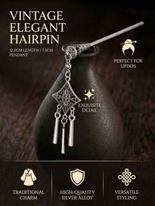 Handcrafted Alloy Hairpin With Dangling Tassels & Floral Design Antique Silver Tone - Silver - View 6