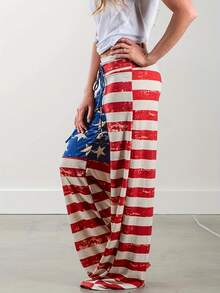 Nuevo modelo 2026:Pantalones con estampado de la bandera estadounidense y estilo casual de pierna ancha. - Albaricoque - Ver 8