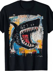 Camiseta de Graffiti con Tiburón Estilo Art para Hombre, Estilo Igual para Hombre y Mujer, Camiseta Estampada de Manga Corta de Verano 2026, Esencial de Verano 180G, Perfecta para Regala - Negro - Ver 1