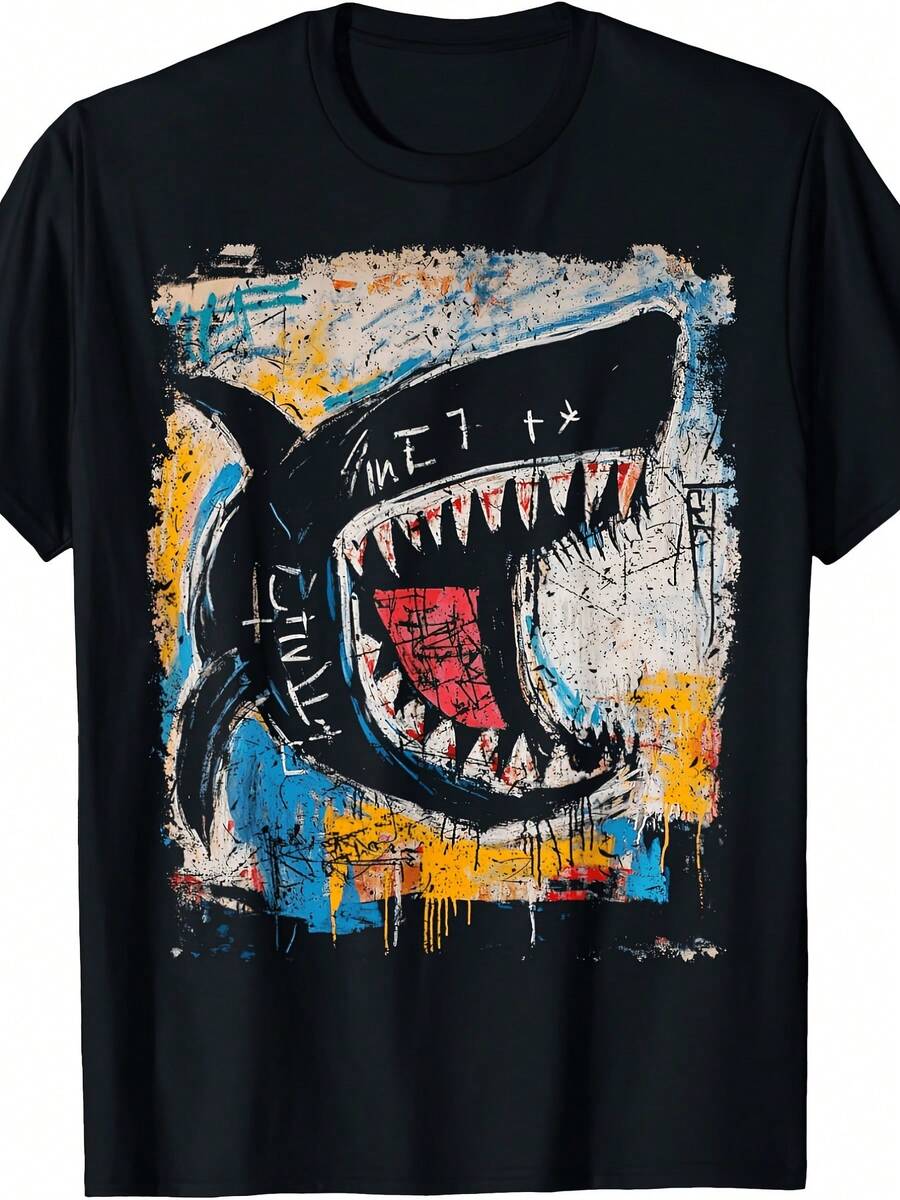 Camiseta de Graffiti con Tiburón Estilo Art para Hombre, Estilo Igual para Hombre y Mujer, Camiseta Estampada de Manga Corta de Verano 2026, Esencial de Verano 180G, Perfecta para Regala - Negro - Ver 1