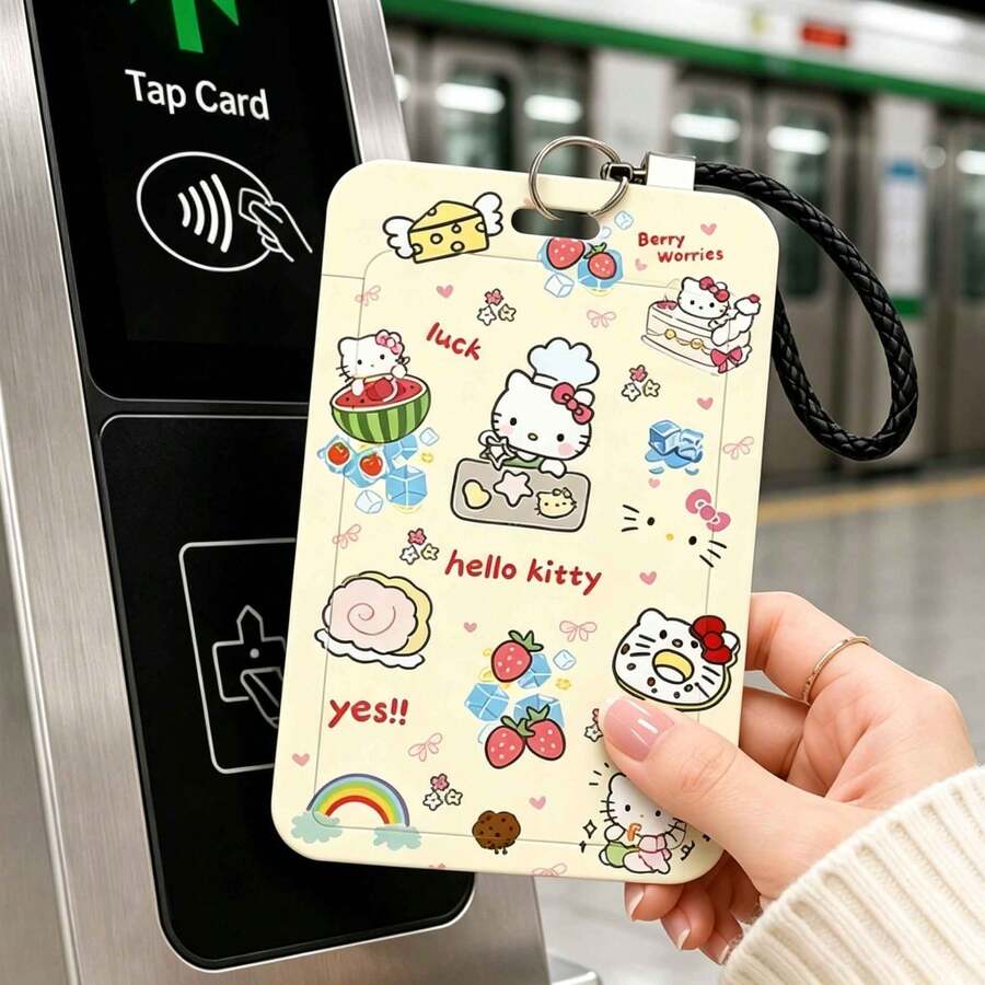 MINISO 可愛 Sanrio Hello Kitty 角色直立式滑動卡套,動漫 ID 識別證套,附掛繩或編織皮革掛繩,開學季送給青少年女孩學生的禮物 - 樣式 3 - 查看 1