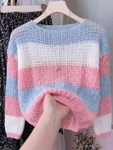 Lässiger gestreifter Kontrastfarben-Cut Out-Locker-Strickpullover Sommer - Himmelblau - Übersicht 1