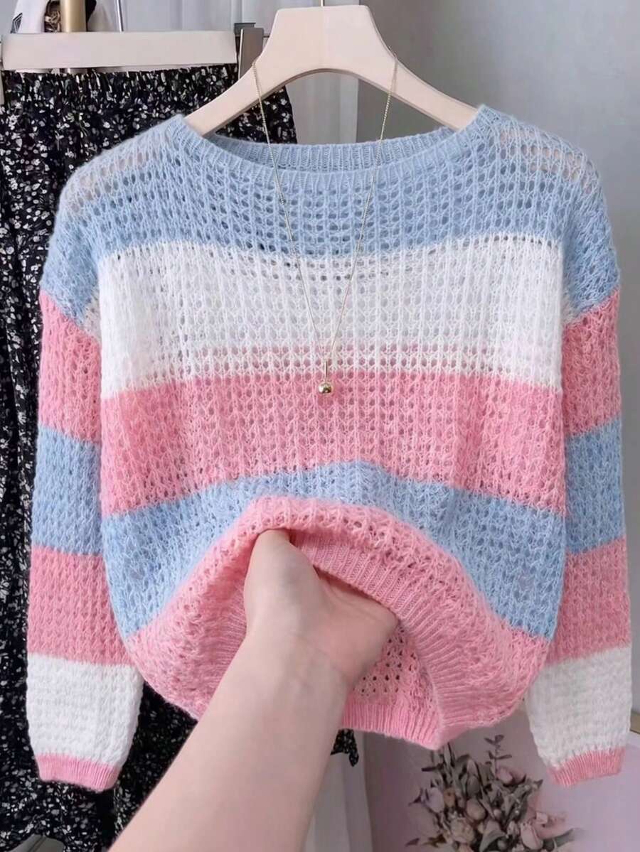 Lässiger gestreifter Kontrastfarben-Cut Out-Locker-Strickpullover Sommer - Himmelblau - Übersicht 1