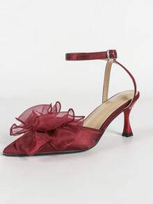 Elegant Red Mesh Bow Pointed Toe Stiletto Heel Sandals For Women, Single Strap Backless High Heels, Versatile Pumps For Commuting And Dating - Red - View 9