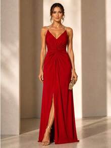 Inexpensive Bridesmaid Dress For Parties, Guests, Receptions, Graduations, Without Glitter, With Thin Rhinestone Straps. - Red - View 1
