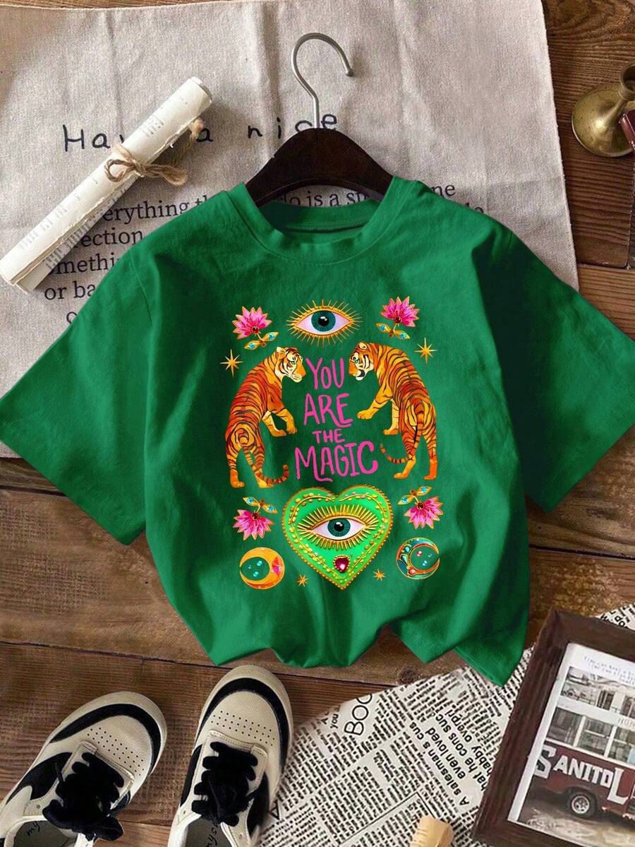 Women's Casual Printed T-Shirt, Short Sleeve, Round Neck, Local Urban Fashion Spring/Summer. Women's Blouses, Women's T-Shirts. 180g (S-XXXL) - 綠8 - 查看 1