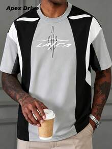 1pc Men's Colorblock T-Shirt, Abstract Graphic Print Short Sleeve T-Shirt, Grey And Black Colorblock, Creative Letter Vintage Sports Style Short Sleeve - Multicolor - View 3