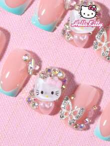 Sanrio Hello Kitty 24pcs Short Square 3d Gel & Gradient French Tip Press On Nails With Cute Three-Dimensional Hello Kitty,Diamond Butterfly, Flower, Rhinestone And Heart Decoration,Perfect Fit False Nail Set,For Woman & Girl Daily Wear Rave Party Use - Multicolor - View 4