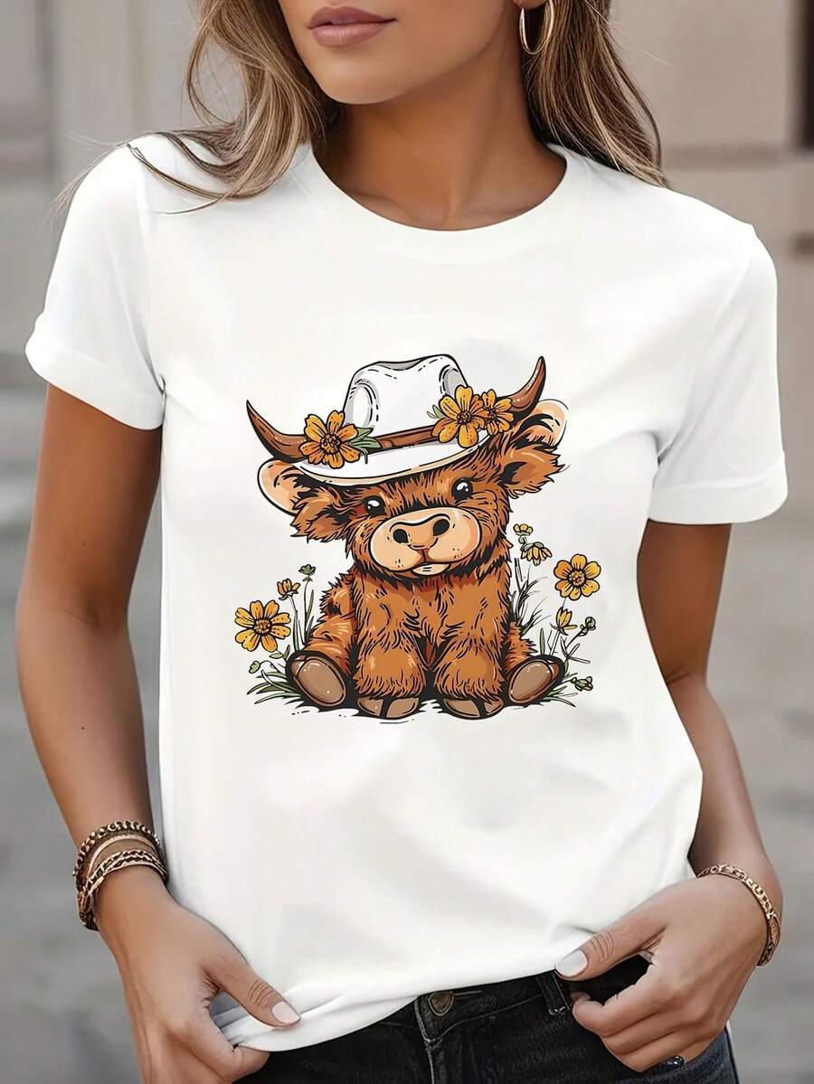 Women's 100% Cotton Highland Cow Print T-Shirt - Casual Short Sleeve, Crew Neck, Stretch Fabric, Brown And White Design With Floral Details, Perfect For Outfits - 白色 - 查看 1
