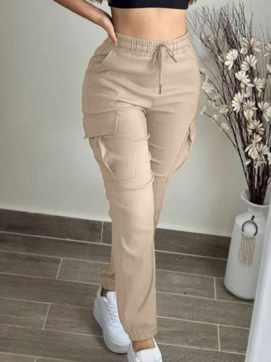 Pantalones cargo de unicolor de moda casual con bolsillo simple, cintura elástica con cordón, negro, primavera - Albaricoque - Ver 1