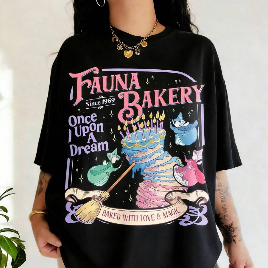 Fauna Bakery Comfort Color Shirt Baked With Love And Magic Graphic Tee Sleeping Princess Fairy Godmother Shirt - 黑色 - 查看 1