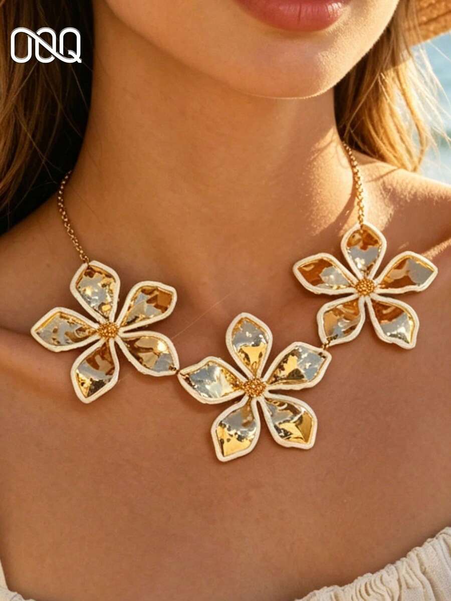 OOQ 1 pieza Collar de cadena con decoración de flor grande de 5 pétalos exagerada, elegante y minimalista, estilo INS fresco, versátil y de moda simple, regalo para amigos y familiares para vacaciones en la playa, festival de música y fiesta (tejido a mano de paja de rafia, dirección y forma aleatorias) - Blanco - Ver 1