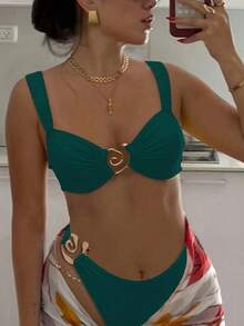 New 2026 Model: New Two-Piece Bikini With Metallic Accessory And Solid Color For Women, Beach Swimsuit With Opening - Black - View 6