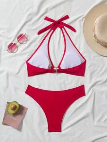 New 2026 Model: Women's Heart-Shaped Neck Tie Bikini Set - [Red] - View 3